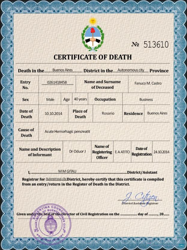 Download Argentina death certificate PSD template Photoshop template